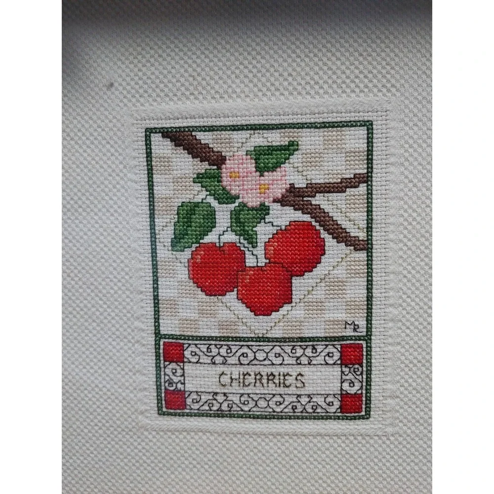 Vintage Cross Stitch Cherries Wood Framed Shadow Box Decorative Country Cottage